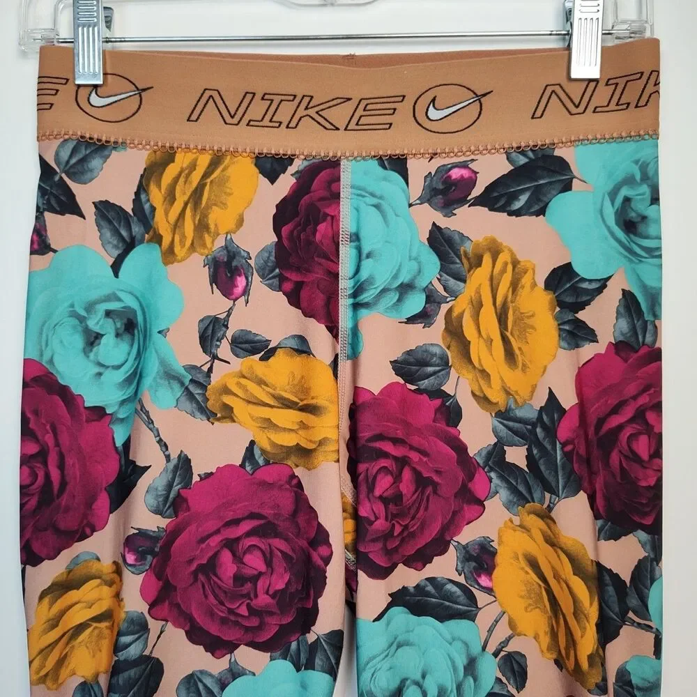 Nike Dri-Fit Leggings Women's M Tan/Purple/Teal/Yellow Floral Pattern‎